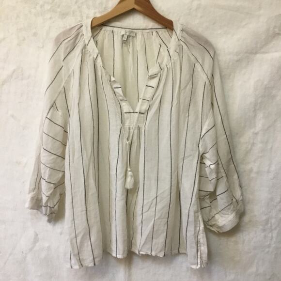 Joie White and Black Striped Peasant Tassel Top - Picture 1 of 15